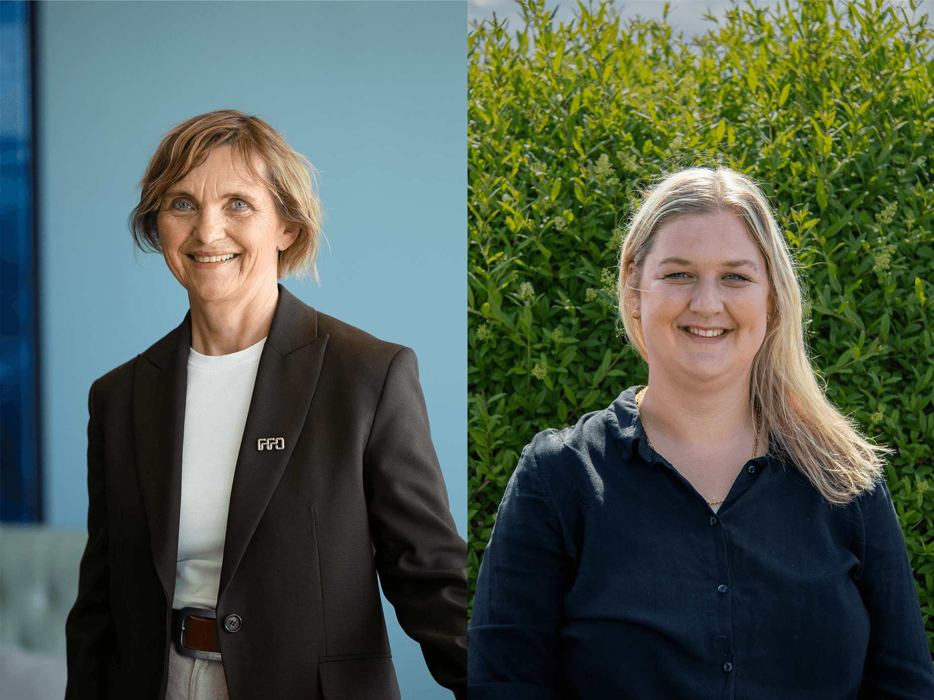 To personer står side om side i en delt bildecollage. Den ene står innendørs iført mørk blazer og hvit topp, med en FFO-pins på jakkeslaget. Den andre står utendørs foran en grønn hekk og har på en mørk skjorte