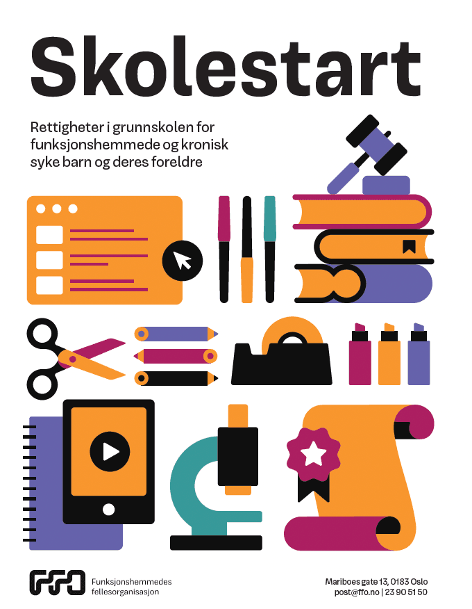 Skjermbilde av forsiden til FFOs Skolestartheftet. På forsiden står det: Skolestart - Rettigheter i grunnskolen for funksjonshemmede og kronisk syke barn og deres foreldre